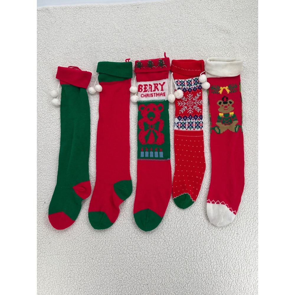 Lot of 5 Knitted Christmas Stockings Red Green Bear Snowflake Pom Pom Holiday